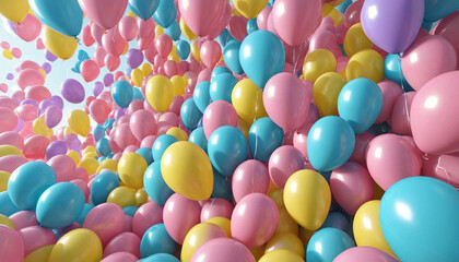 3d render. Abstract party background. Empty wall with colorful flying air balloons