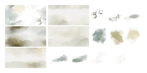 Watercolor set of art seamless background, spots and splashes.Sundial and sage leaf color watercolour texture for cards, flyers, poster, banner. Brushstrokes and splashes. Painted template for design.