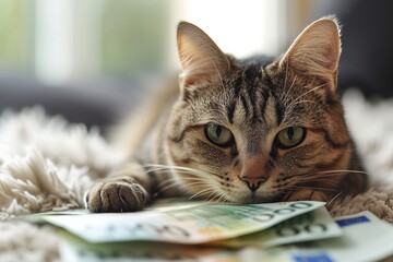A striped fur cat lying on a fluffy rug, with Euro bills under its paws.