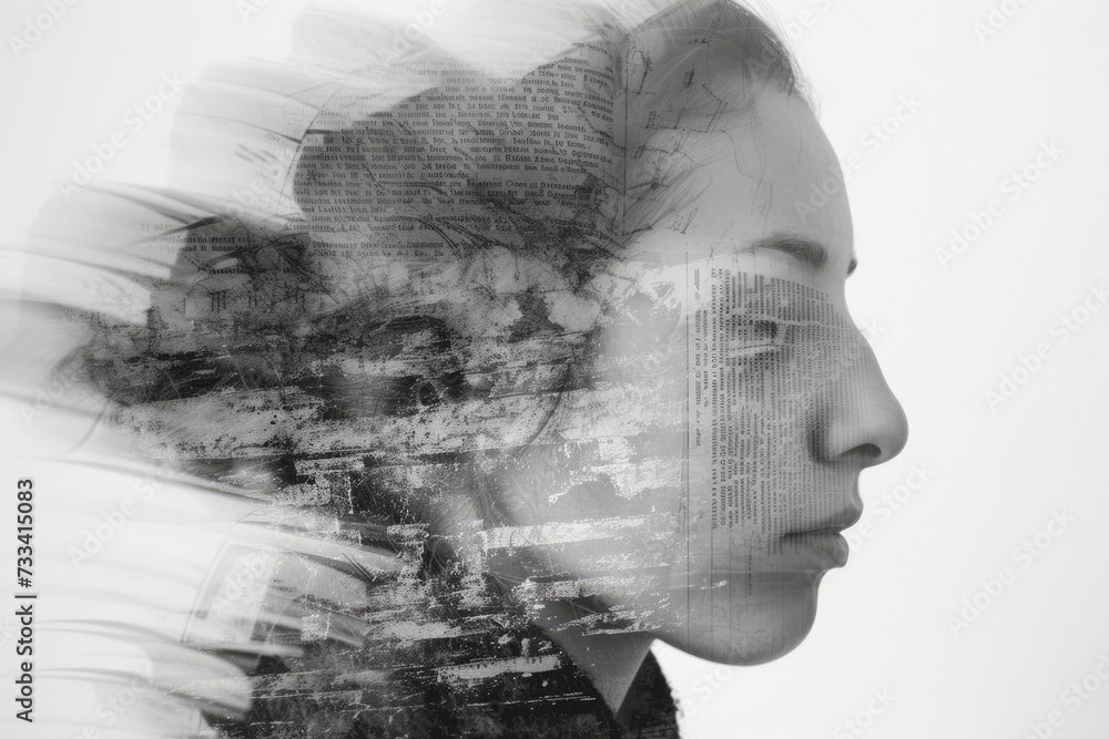 Poster portrait of a translator with a double exposure of a dictionary and a language