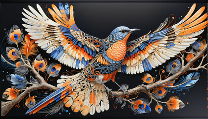 Very colorful and detailed illustration of a decorated bird spreading its wings while flying
