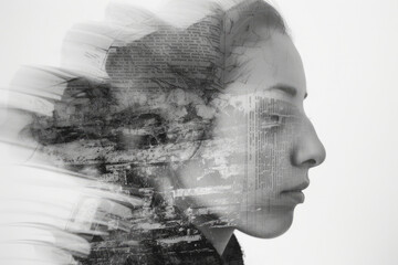 portrait of a translator with a double exposure of a dictionary and a language