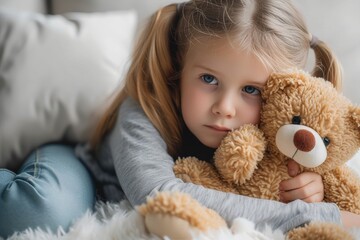 A young girl holds her beloved stuffed teddy bear tightly, the soft fur and familiar human-like face providing comfort in the warm indoor setting