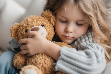 A young girl cherishes her teddy bear, her human face mirroring the comfort and love found in the soft fabric and stuffed toy