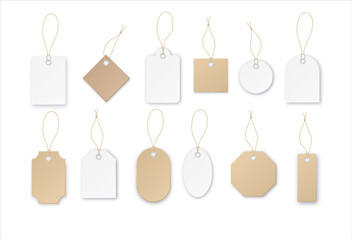 Blank white paper price tags or gift tags in different shapes. Set of labels. Vector