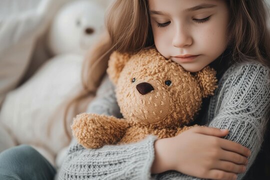 A young girl finds comfort in her beloved teddy bear, as she embraces the plush toy tightly with a gentle smile on her face