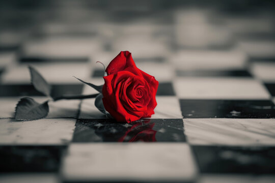 photo of a black and white chess board with a red rose on it