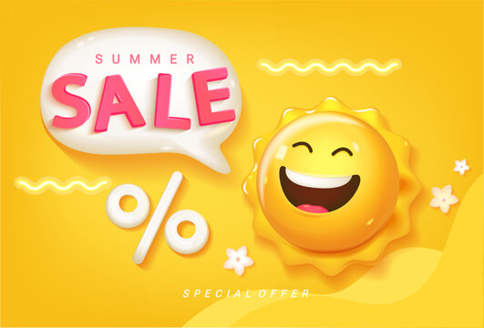 Summer Sale banner with smiling 3d sun and promotion of hot season discounts.Happy sun emoji with special offer.Invitation for limited time shopping with clearance,template for your design.Vector