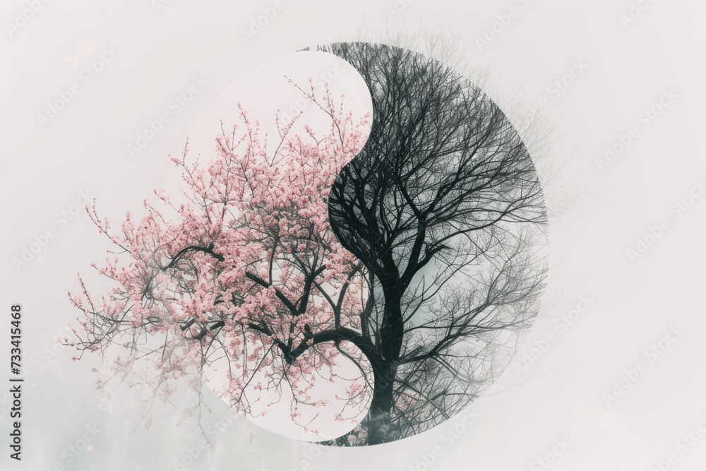 Poster double exposure image of a yin-yang symbol filled with a blossoming tree and a bare tree.