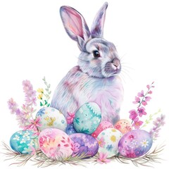 easter clipart, Illustration of a vibrant Easter bunny surrounded by floral and colorful eggs, in pastel colors, on a white background