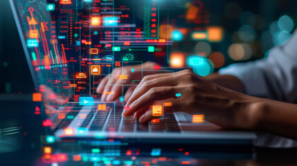 person's hands are seen typing on a laptop keyboard, with futuristic digital graphics of charts, graphs, and data analytics floating above the computer screen.