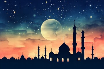 mosque silhouette background at night - obrazy, fototapety, plakaty