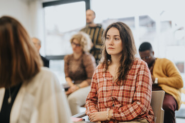 Thoughtful young woman listening intently at professional workshop.