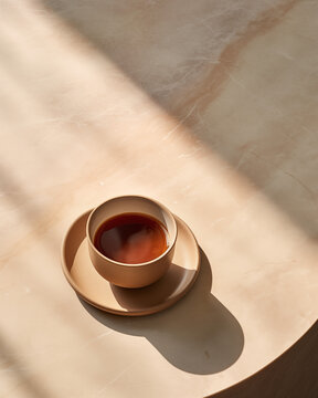Cup of coffee or black tea on marble table in contrasting light