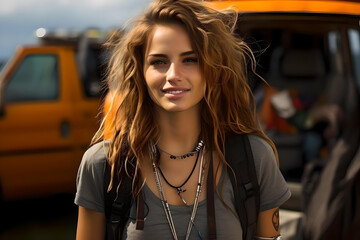 90s Road Trip Vibes - Image of Adventurous Woman by Camper Van