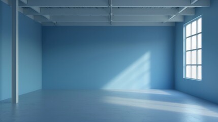 Empty space in blue color. Studio room with window