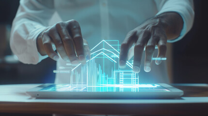 person interacting with a digital tablet that is projecting a holographic image of a blue house