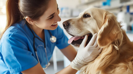 smiling veterinary professional in blue scrubs gently examining a happy golden retriever in a clinical setting. - obrazy, fototapety, plakaty