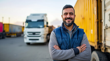 smiling male truck driver with arms crossed standing in front of a large cargo truck and shipping containers