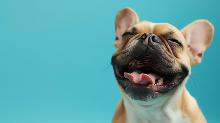 Cute funny dog on a blue background isolated with a place for text. Concept pets love, animal life, humor, raising dogs. Dog close up on color background. - obrazy, fototapety, plakaty