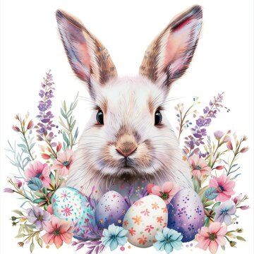 recommend clip art: Clipart of an Easter bunny surrounded by floral and colorful eggs, featuring vivid and pastel colors, set against a white background.