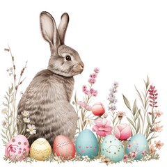 Fototapeta na wymiar Illustration of an Easter bunny surrounded by floral motifs and colorful eggs, with both vivid and pastel shades, against a white backdrop.