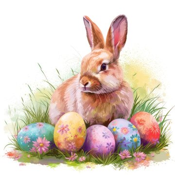 Vibrant clipart image featuring an Easter bunny surrounded by floral elements and colorful eggs, with a mix of vivid and pastel tones, set on a white background.