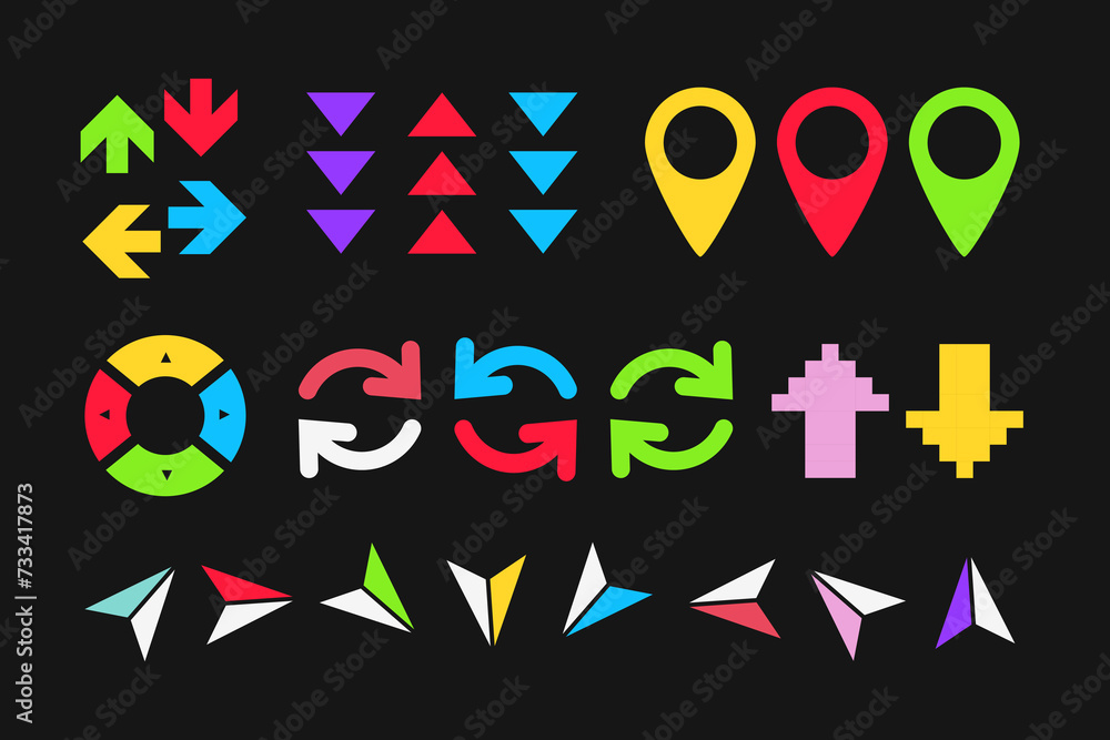 Poster color navigation elements. pins and arrows. vector illustration