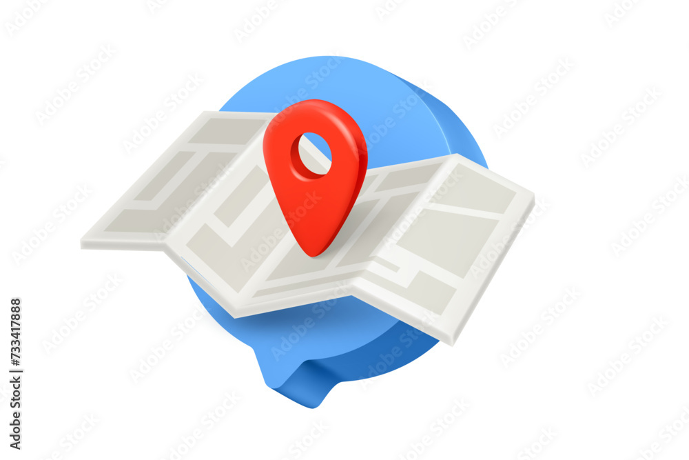 Poster Speech bubble with map and pin on white background. 3d vector illustration