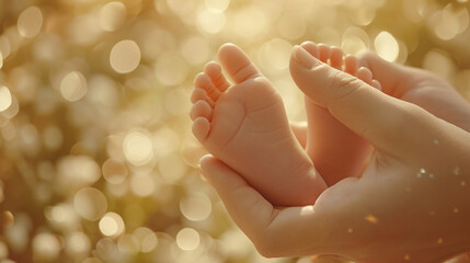 pair of adult hands gently cradling a baby's bare feet, symbolizing care, protection, and love. - obrazy, fototapety, plakaty