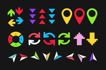 Color navigation elements. Pins and arrows. Vector illustration