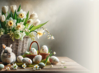 Easter still life with bunny, Easter eggs and daffodils in a wicker basket