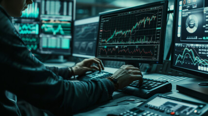 trader analyzing financial markets with multiple computer screens displaying real-time trading data, charts, and graphs.