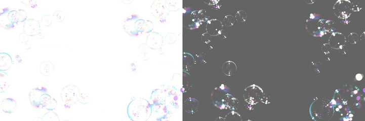 Soap bubble floating transparent background. Realistic air water soap foam bubble with rainbow colors. Bubble frame border PNG	