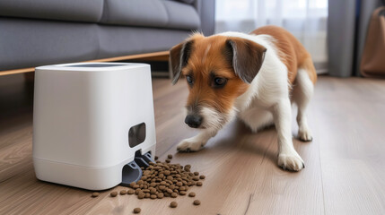 An automatic feeder and a dog looking surprised at the food popping out of it. Blurred home interior background.