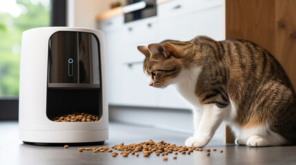 A cute cat stares in surprise at the food scattered from the automatic feeder. Blurred background of home kitchen.