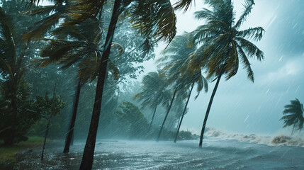 strong wind hurricane та island flood disaster - obrazy, fototapety, plakaty