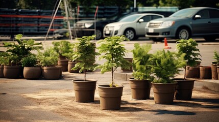 Parking landscaping: installing pots with plants in parking spaces