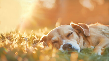 Golden retriever lies with closed eyes on the grass. National Pet Day. Copy space. Banner