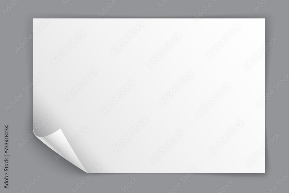 Poster white paper sheet with bending bottom left corner isolated on grey background. vector illustration