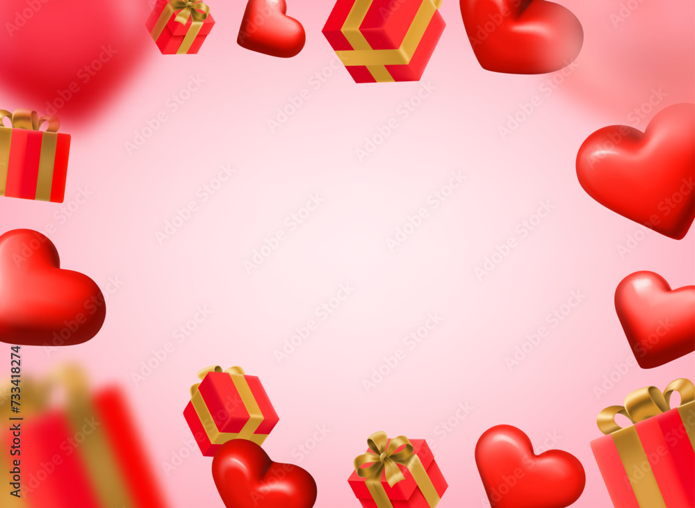 Poster gift boxes and flying hearts. happy valentines day frame with copy space. 3d vector