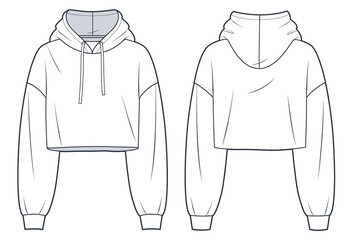 Hooded Sweatshirt technical fashion illustration. Crop Hoodie fashion flat technical drawing template, relaxed fit, raw hem, front and back view, white, women, men, unisex Top CAD mockup set.