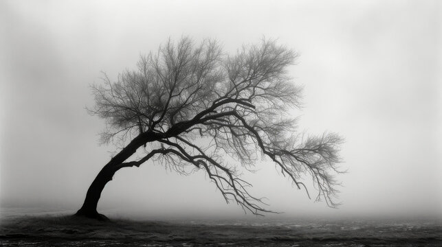 A black and white photo of a tree without leaves in a foggy field