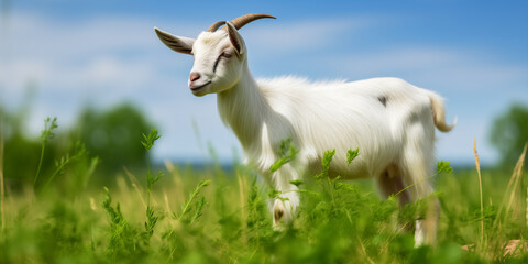 Obraz premium A goat stands among green grass