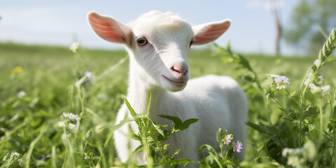 A goat stands among green grass