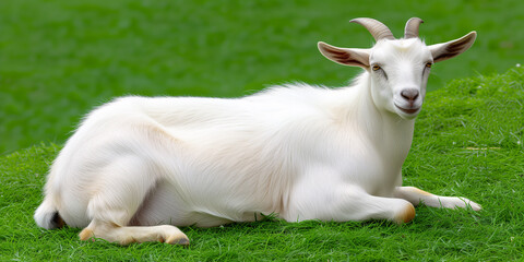 Obraz premium White goat lies on green grass