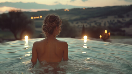 Wunderschönen Frau mit langen Haaren im Bikini schwimmt im Pool in der Nacht, ai generativ - obrazy, fototapety, plakaty