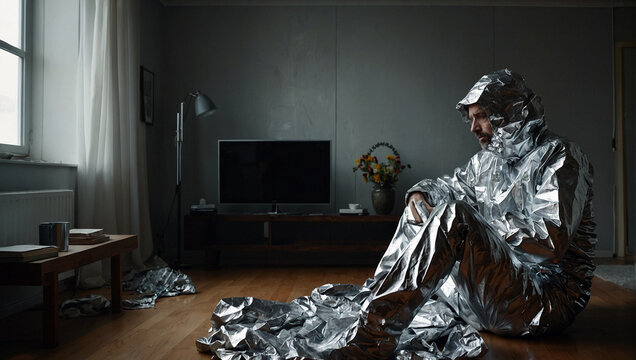 Mann sitzt in Aluminiumfolie eingeh&uuml;llt zu Hause um sich gegen Strahlung zu sch&uuml;tzen