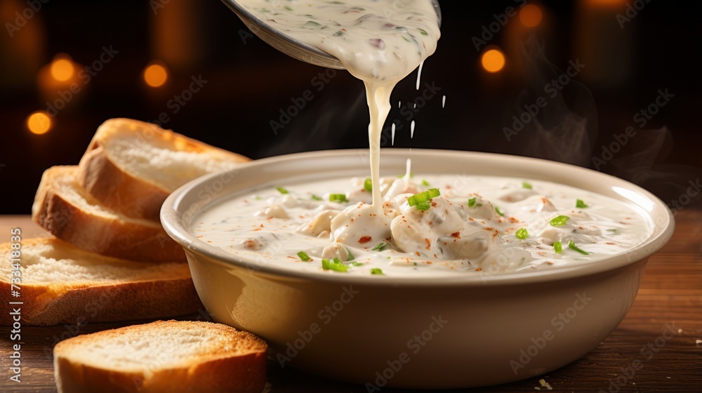 Poster a piece of bread making a satisfying splash in clam chowder