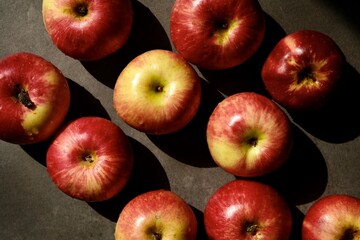Fresh red apples. Delicious and juicy apples from the garden. Vegan vitamin nutrition concept.